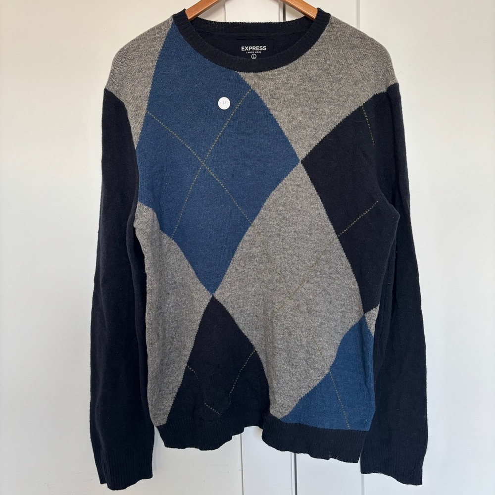 EXPRESS 100% Lambs Wool Argyle Crewneck Sweater Men's Large Navy Blue Gray‎